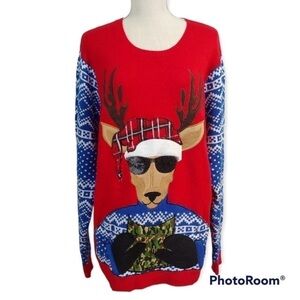 Jolly Sweaters Christmas holiday party 
red blue reindeer festive sweater